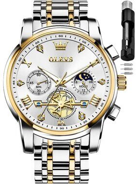 Men's Silver White Skeleton Stainless Diamond Multi Calendar Chronograph Watch